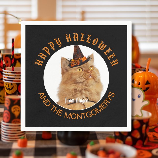 Custom Pet Foto Cat Lover Orange Black Halloween Serviette (Von Creator hochgeladen)