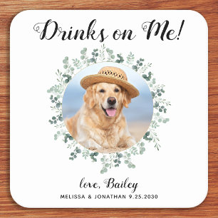 Custom Pet Foto Eucalyptus Dog Wedding Open Bar Rechteckiger Pappuntersetzer