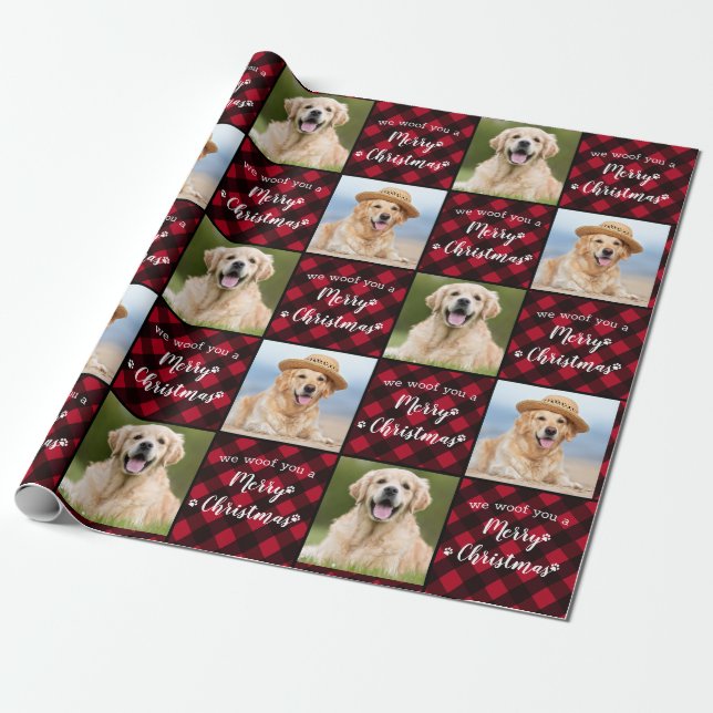 Custom Pet Foto Red Buffalo Kariert Frohe Weihnach Geschenkpapier (Ungerollt)