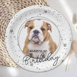 Custom Pet Foto Silver Glitzer Stars Hund Geburtst Pappteller<br><div class="desc">Welpe Pawty! Fügen Sie Ihrem Welpen oder Hunden-Geburtstag die Touch mit diesem eleganten silbernen Foto und Glitzer Sternen Party Papier Teller. Fügen Sie Ihr Lieblings-Foto und personalisieren Sie mit Namen, Alter Geburtstag! Sehen Sie sich die Geburtstagskollektion des Welpenhundes an, um Geburtstagseinladungen, Party-Dekoration, Favoriten und Geschenke zu kombinieren. COPYRIGHT © 2020...</div>
