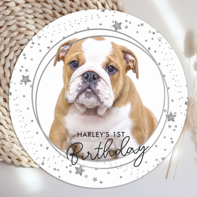 Custom Pet Foto Silver Glitzer Stars Hund Geburtst Runder Aufkleber (Von Creator hochgeladen)