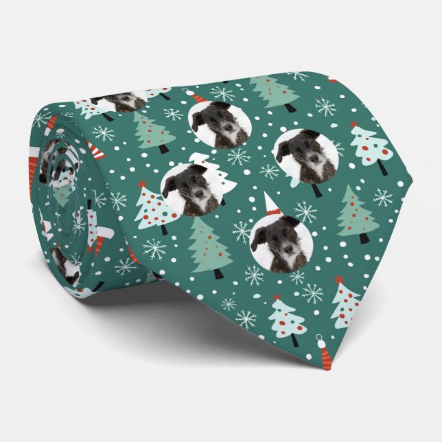 Custom Pet Hund Foto Weihnachtsmuster Grün Krawatte (Gerollt)