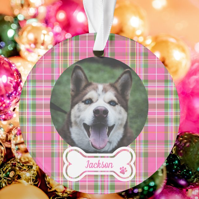 Custom Pet Photo Ornament Pink & Green Plaid Bone  (Custom Pet Photo Ornament Pink & Green Plaid Bone
)