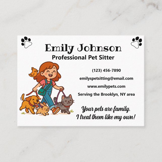 Custom Pet Sitter Business Card with Cute Cartoon  Visitenkarte (Vorderseite)
