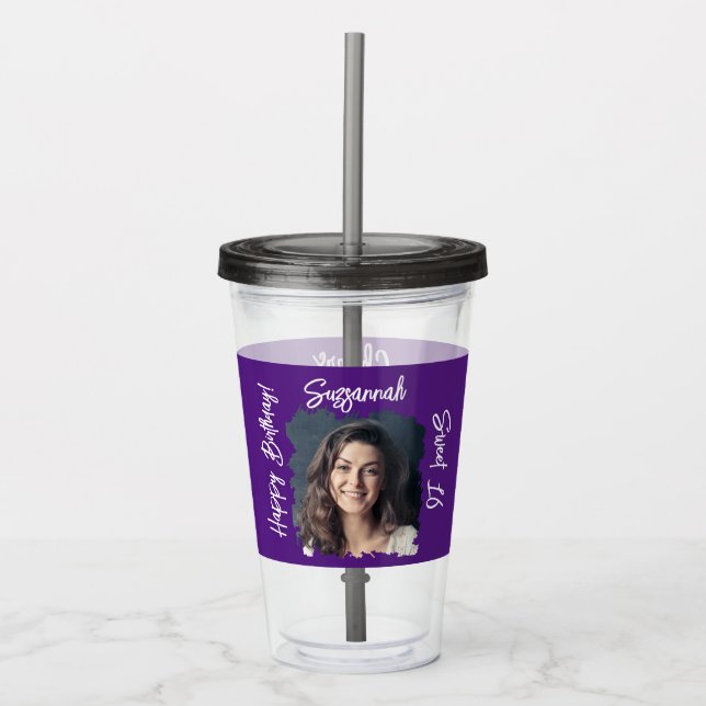 Custom Photo 16th Happy Birthday Purple Template  Acryltrinkbecher (Vorderseite)
