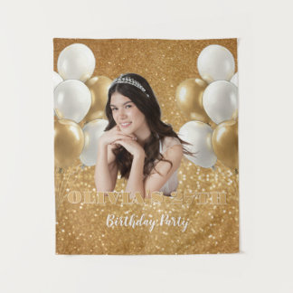 Custom Photo Birthday Backdrop,  gold & white Wandteppich