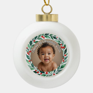 custom photo christmas holly  ceramic ornament