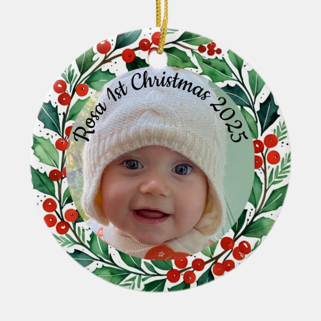 custom photo Christmas holly  ceramic ornament (Vorne)