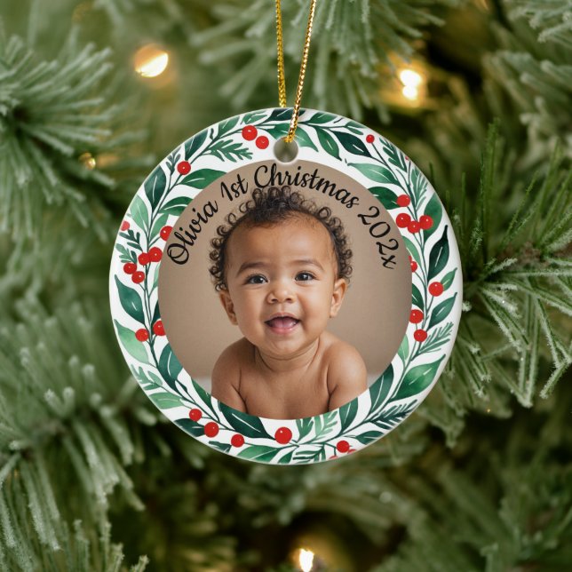 custom photo christmas holly  ceramic ornament (Baum)