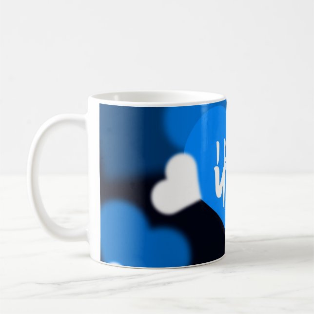Custom Photo Coffee Mug with Blue Heart Design Kaffeetasse (Links)