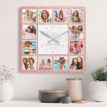 Custom Photo Collage Besties Blush Pink Glitter Quadratische Wanduhr<br><div class="desc">Make this trendy elegant white and blush pink faux glitter photo collage wall clock unique with 12 of your favorite photos with your best friend(s). The design also features modern handwritten "Besties" script,  your names and the date you met.</div>