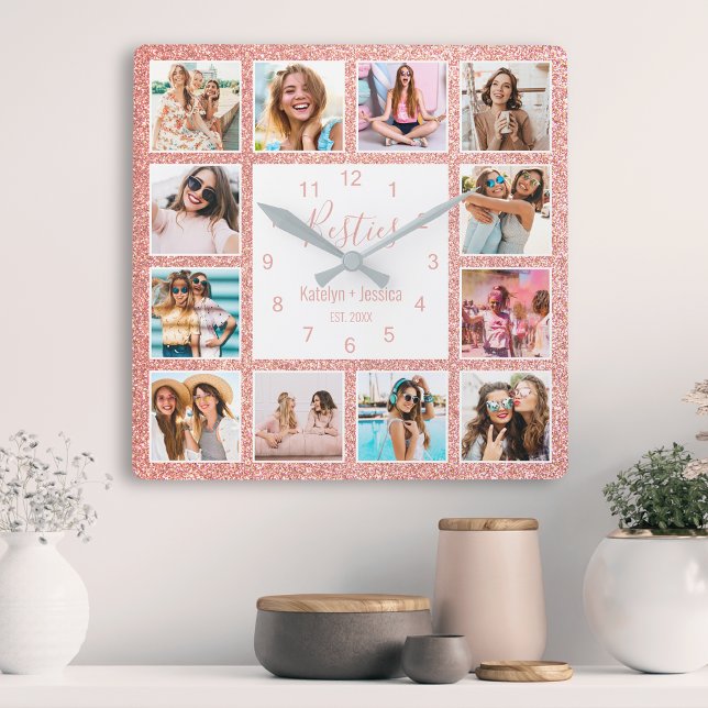 Custom Photo Collage Besties Blush Pink Glitter Quadratische Wanduhr (Von Creator hochgeladen)