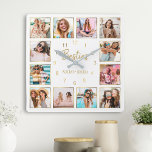 Custom Photo Collage Besties Gold White Quadratische Wanduhr<br><div class="desc">Make this trendy elegant white and gold photo collage wall clock unique with 12 of your favorite photos with your best friend(s). The design also features modern handwritten "Besties" script and your names.</div>