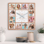 Custom Photo Collage Besties Rose Gold Glitter Quadratische Wanduhr<br><div class="desc">Make this trendy elegant white and rose gold faux glitter photo collage wall clock unique with 12 of your favorite photos with your best friend(s). The design also features modern handwritten "Besties" script,  your names and the date you met.</div>