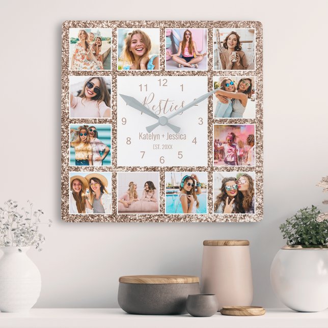 Custom Photo Collage Besties Rose Gold Glitter Quadratische Wanduhr (Von Creator hochgeladen)