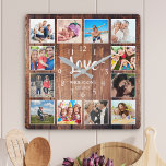 Custom Photo Collage Rustic Farmhouse Love Family Quadratische Wanduhr<br><div class="desc">Create your own personalized 12 photo collage wall clock with your custom images on a rustic farmhouse style wooden plank background. The clock face also features your family name, established year and a "Love" handwritten script. Add your favorite photos, designs or artworks to create something really unique. To edit this...</div>