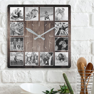 Custom Photo Collage Rustic Farmhouse Script Quadratische Wanduhr