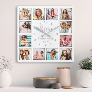 Custom Photo Collage White Silver Best Friends Quadratische Wanduhr