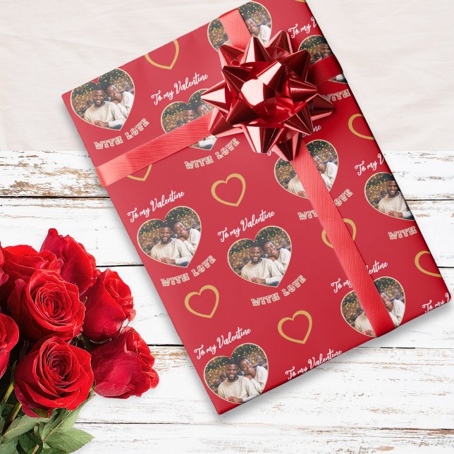 Custom Photo Hearts Pattern Red Gold Valentine Geschenkpapier (Gift wrap in red and faux gold with 'To my Valentine with love' words and custom photo hearts)