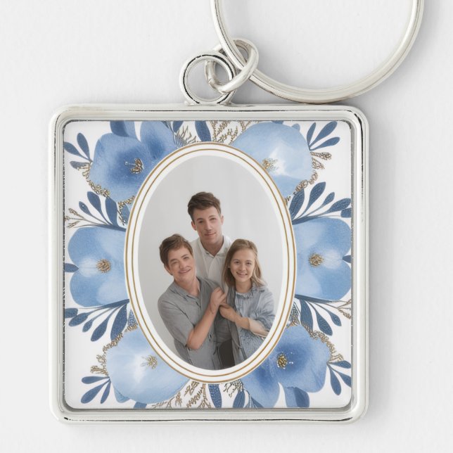 “Custom Photo Keychain – Blue Floral Personalized  Schlüsselanhänger (Vorne)