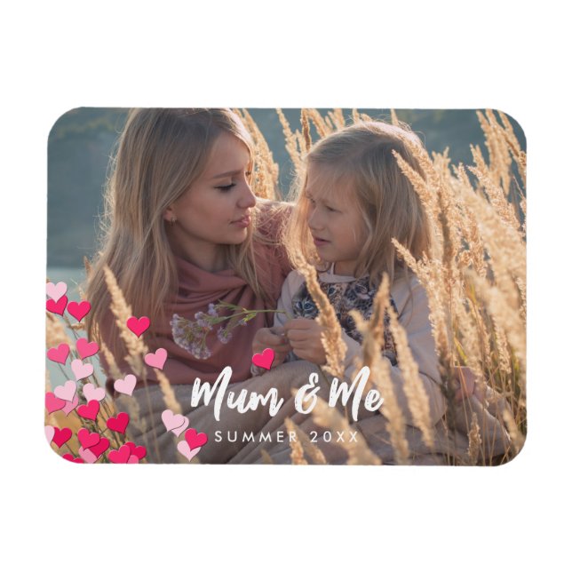 Custom Photo Modern Writing Scattered Pink Hearts Magnet (Horizontal)