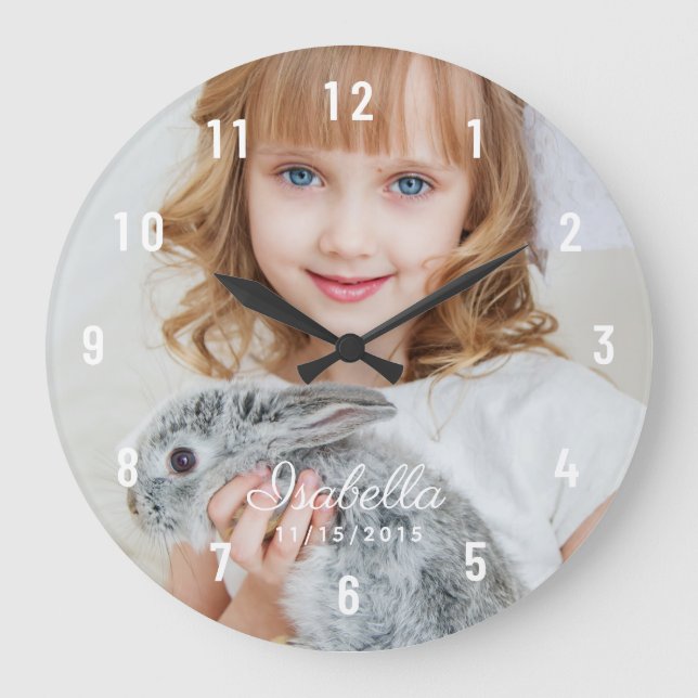 Custom Photo Name Birth Date White Large Clock Große Wanduhr (Vorderseite)