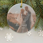 Custom photo newlyweds name monogram elegant  keramik ornament<br><div class="desc">Custom white monogram initial and name with family established year elegant chic farmhouse style Christmas tree ornament with photo overlay.         A modern keepsake gift for newlyweds.</div>