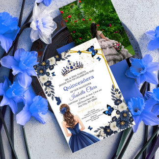 Custom Photo Royal Blue Quinceañera Invite Einladung