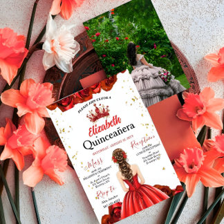 Custom Photo Royal Red Rose Quinceañera Invite Einladung