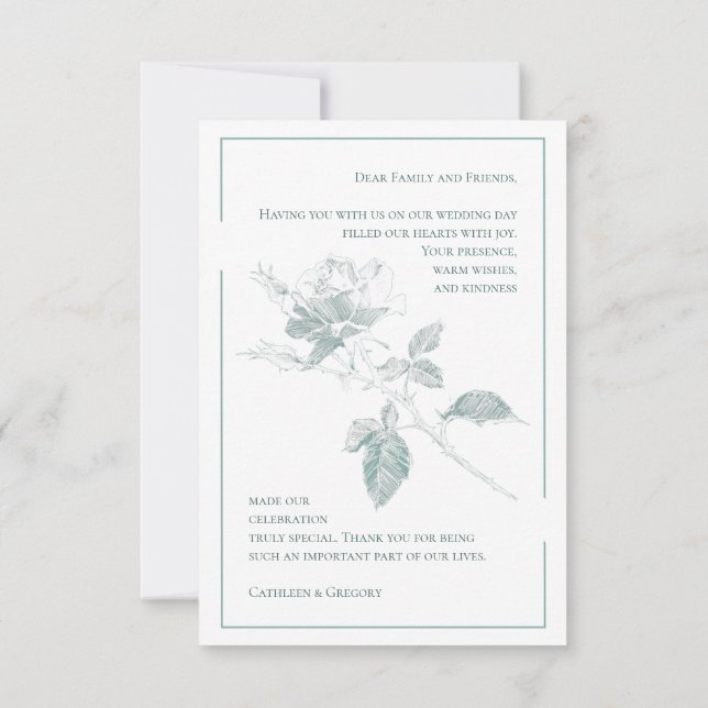 Custom Photo Sage Green Floral Wedding Calligraphy Dankeskarte (Rückseite)