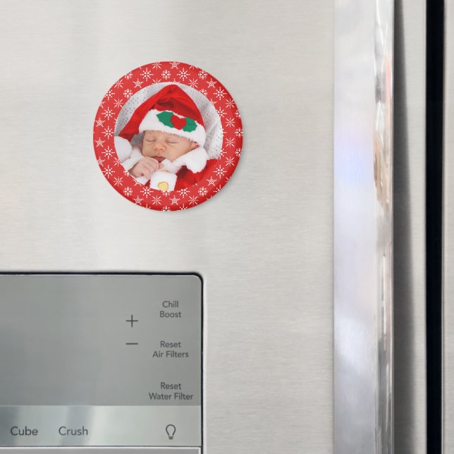 Custom Photo Santa Baby Red Background Snowflakes Magnet (In Situ (Kühlschrank))