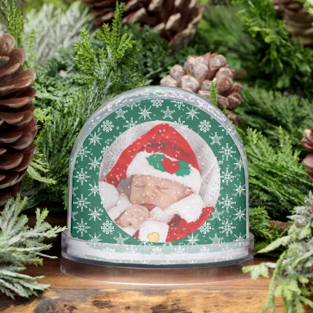 Custom Photo Santa Baby Snowflake Script Green Schneekugeln (Winter)