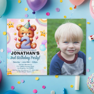 “Custom Photo Teddy Bear 2nd Birthday | Watercolor Einladung