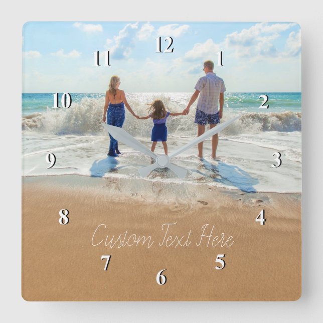 Custom Photo Text Font Clock - Your Family Design  Quadratische Wanduhr (Vorderseite)