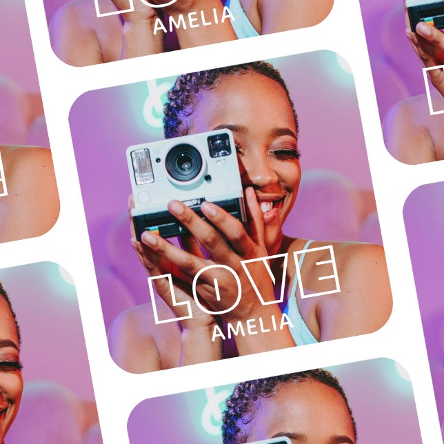 Custom Photo Text Retro Modern Love Quadratischer Aufkleber (Von Creator hochgeladen)