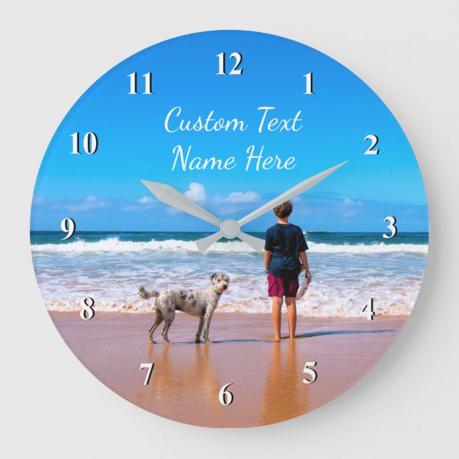 Custom Photo Text Wall Clock Your Design With Pets Große Wanduhr (Vorderseite)