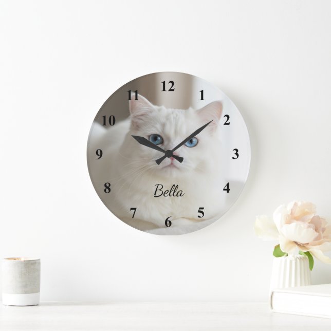 Custom photo wall clock with beautiful white cat große wanduhr (Zuhause)