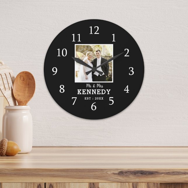 Custom Photo Wedding Anniversary Black  And White Große Wanduhr (Custom Photo Wedding Anniversary Black And White Large Clock)