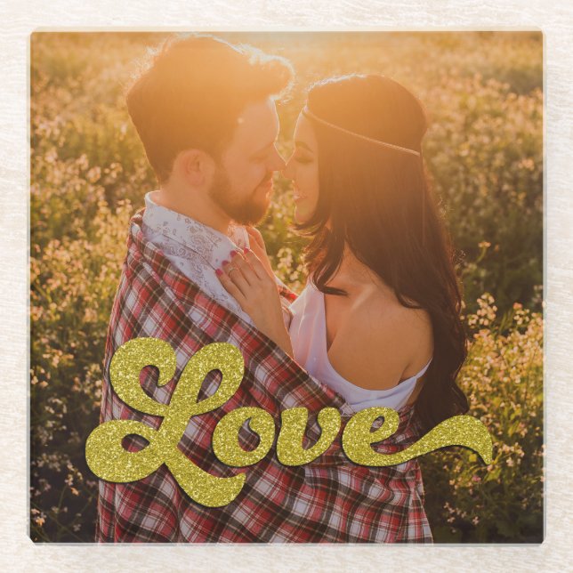 Custom Photo with Gold Love Overlay Glasuntersetzer (Vorderseite)