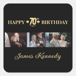 Custom photos black and gold 70th birthday party quadratischer aufkleber