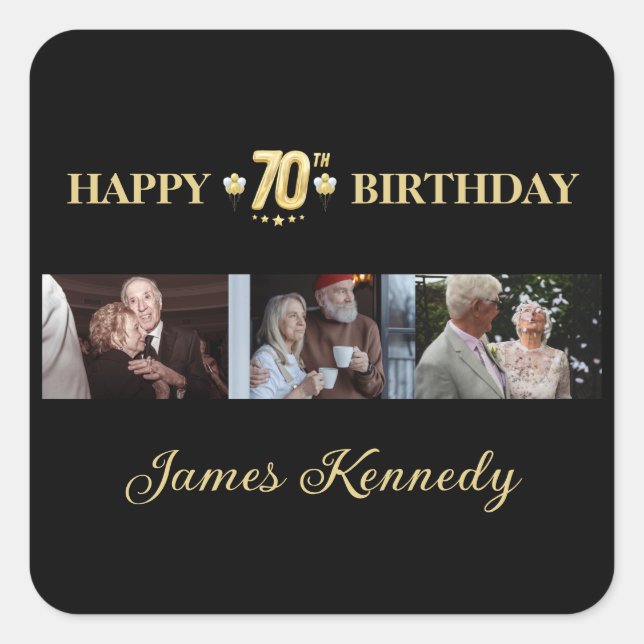 Custom photos black and gold 70th birthday party  quadratischer aufkleber (Vorderseite)
