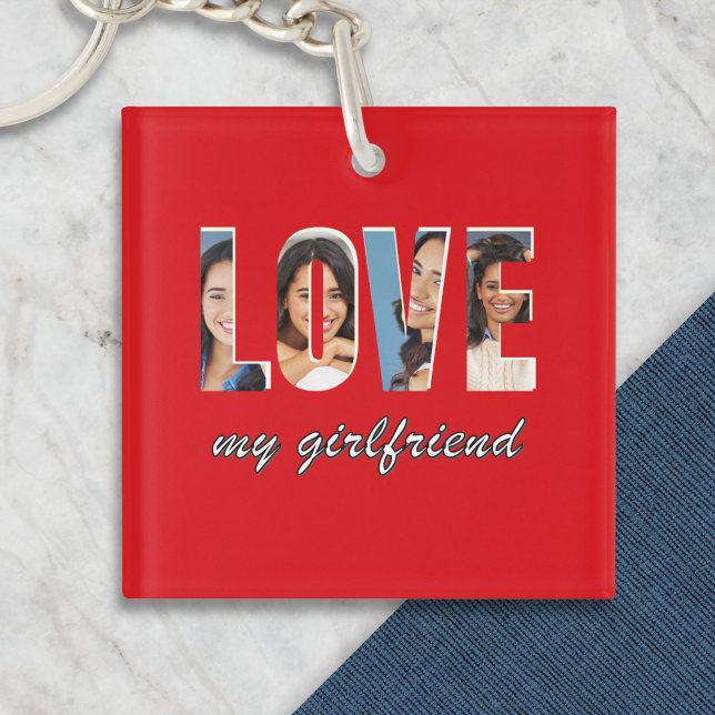 Custom Photos Love My Girlfriend Stylish Red Schlüsselanhänger (A red keyring with the word 'LOVE', with custom photo in each letter, and 'my girlfriend' underneath)