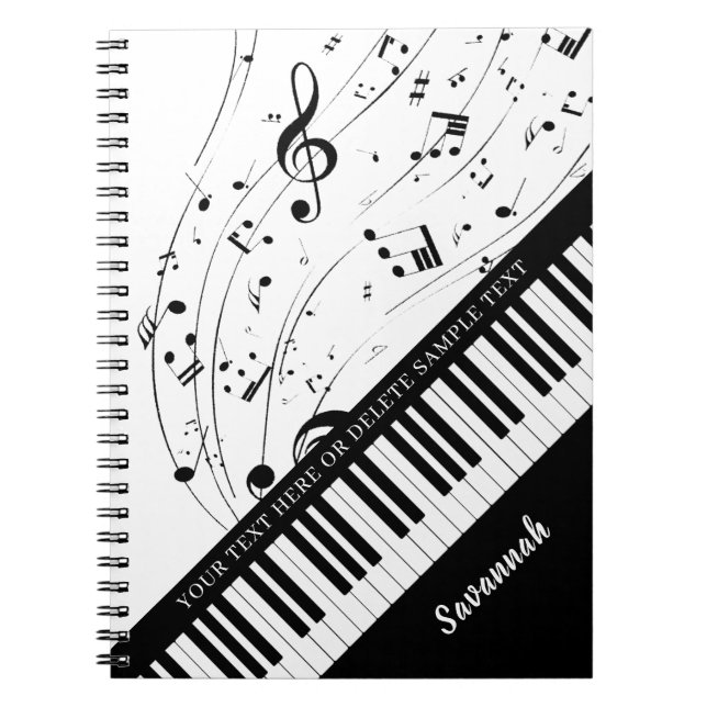 Custom Piano Musiknoten Skriptname Schwarz-weiß Notizblock (Vorderseite)