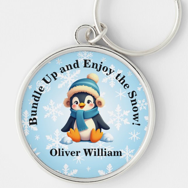 Custom Pinguin "Bundle Up and Enjoy the Snow"! Schlüsselanhänger (Vorne)