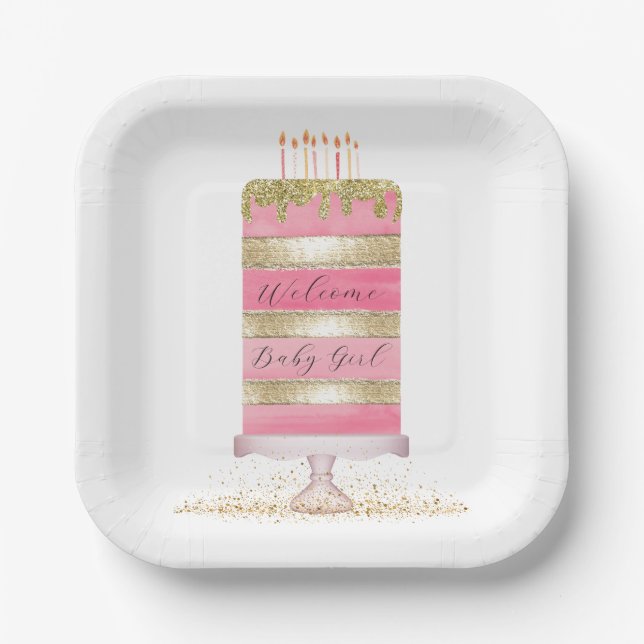 Custom Pink and Gold Girl Baby Dusche Pappteller (Vorderseite)
