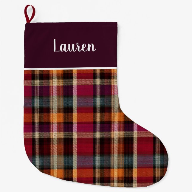 Custom Pink and Orange Plaid Gingham Pattern  Großer Weihnachtsstrumpf (Vorderseite)
