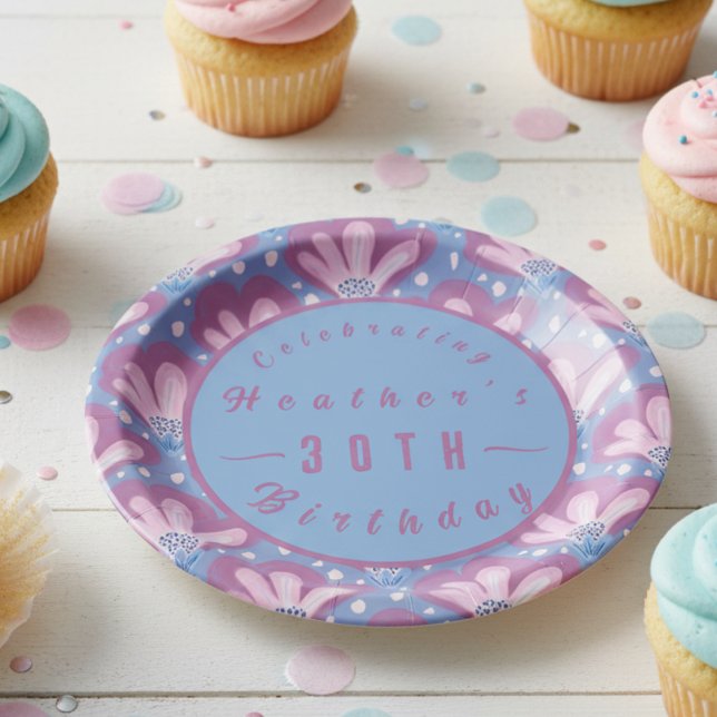 Custom Pink Blue Watercolor Floral Pappteller (Pink and blue painted flowers with a place to customize as you wish. Cute and playful )