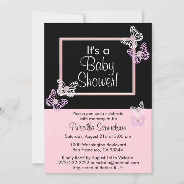 Custom Pink Butterfly Baby Shower Einladungskarte (Vorderseite)