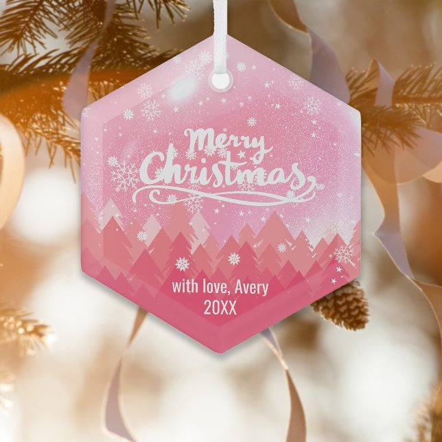 Custom Pink Crystal Snow Forest Frohe Weihnachten Ornament Aus Glas (Von Creator hochgeladen)