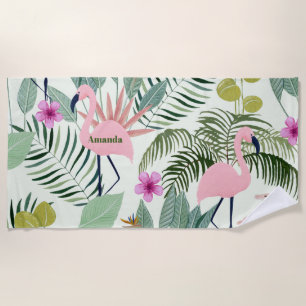 Custom Pink Flamingo Green Leaf Bachelorette Strandtuch